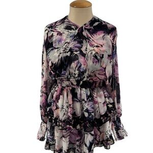 Misa Los Angeles Floral Purple/Black/White Long Sleeve Mini Dress - size xs